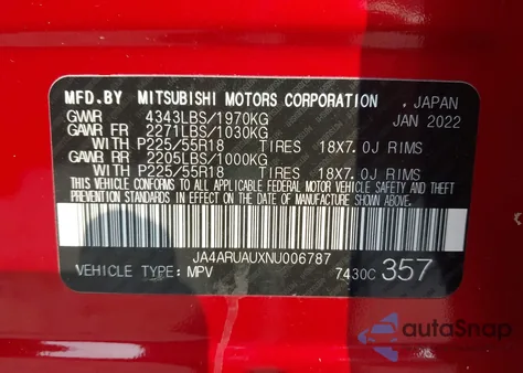 2022 Mitsubishi Outlander Sport 2.0 Be Awc/2.0 Es Awc/2.0 Le Awc/2.0 Se Awc/2.0 Se Special Edition Awc from USA, damaged, VIN JA4ARUAUXNU006787